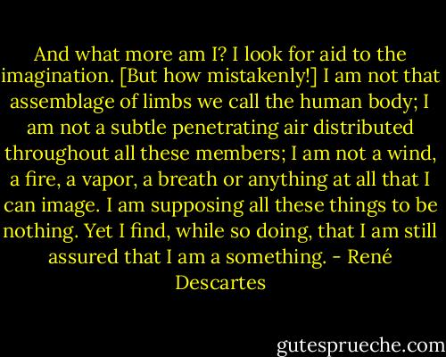 And what more am I? I look for aid to the imagination. [But how mistakenly!] I am not that assemblage of limbs we call the human body; I am not a subtle penetrating air distributed throughout all these members; I am not a wind, a fire, a vapor, a breath or anything at all that I can image. I am supposing all these things to be nothing. Yet I find, while so doing, that I am still assured that I am a something. - René Descartes