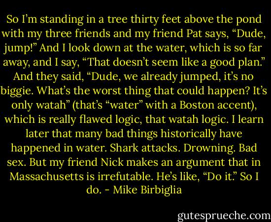 So I’m standing in a tree thirty feet above the pond with my three friends and my friend Pat says, “Dude, jump!” And I look down at the water, which is so far away, and I say, “That doesn’t seem like a good plan.” And they said, “Dude, we already jumped, it’s no biggie. What’s the worst thing that could happen? It’s only watah” (that’s “water” with a Boston accent), which is really flawed logic, that watah logic. I learn later that many bad things historically have happened in water. Shark attacks. Drowning. Bad sex. But my friend Nick makes an argument that in Massachusetts is irrefutable. He’s like, “Do it.” So I do. - Mike Birbiglia
