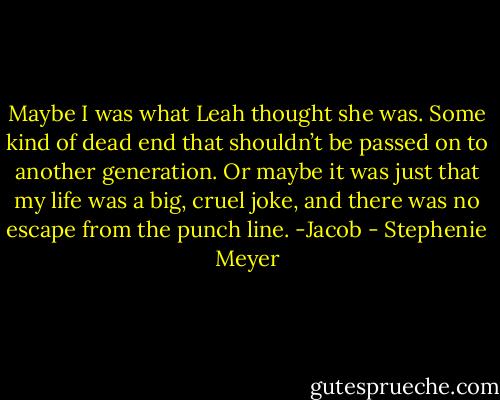 Maybe I was what Leah thought she was. Some kind of dead end that shouldn’t be passed on to another generation. Or maybe it was just that my life was a big, cruel joke, and there was no escape from the punch line. -Jacob - Stephenie Meyer