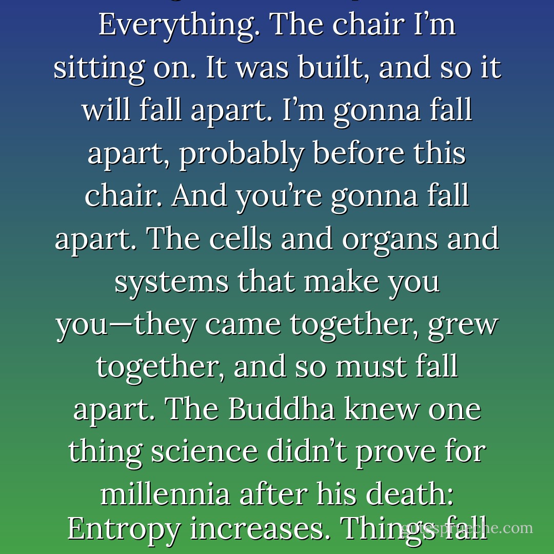 Everything that comes together falls apart. Everything. The chair I’m sitting on. It was built, and so it will fall apart. I’m gonna fall apart, probably before this chair. And you’re gonna fall apart. The cells and organs and systems that make you you—they came together, grew together, and so must fall apart. The Buddha knew one thing science didn’t prove for millennia after his death: Entropy increases. Things fall apart. - John Green