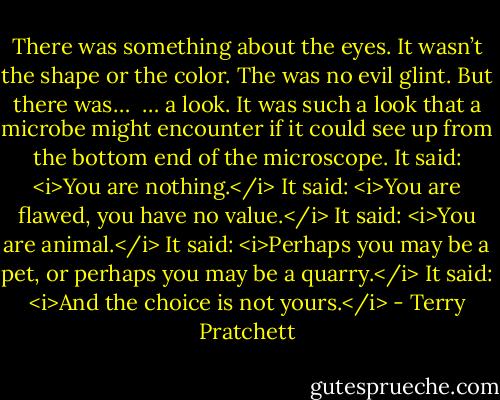 There was something about the eyes. It wasn’t the shape or the color. The was no evil glint. But there was…<br /><br />… a look. It was such a look that a microbe might encounter if it could see up from the bottom end of the microscope. It said: <i>You are nothing.</i> It said: <i>You are flawed, you have no value.</i> It said: <i>You are animal.</i> It said: <i>Perhaps you may be a pet, or perhaps you may be a quarry.</i> It said: <i>And the choice is not yours.</i> - Terry Pratchett