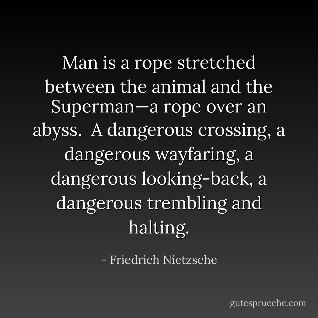 Man is a rope stretched between the animal and the Superman—a rope over an abyss. <br />A dangerous crossing, a dangerous wayfaring, a dangerous looking-back, a dangerous trembling and halting. - Friedrich Nietzsche