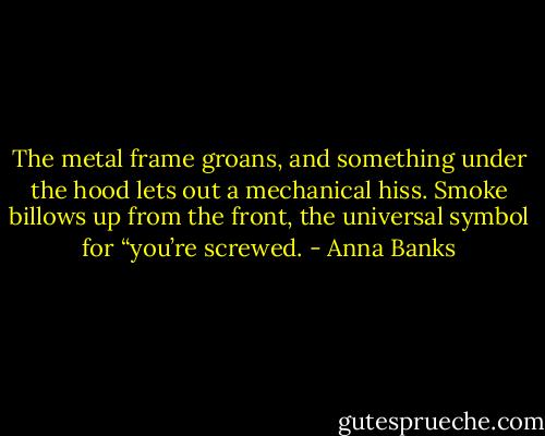 The metal frame groans, and something under the hood lets out a mechanical hiss. Smoke billows up from the front, the universal symbol for “you’re screwed. - Anna Banks