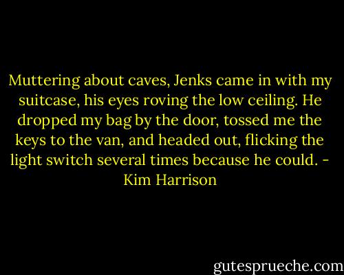 Muttering about caves, Jenks came in with my suitcase, his eyes roving the low ceiling. He dropped my bag by the door, tossed me the keys to the van, and headed out, flicking the light switch several times because he could. - Kim Harrison