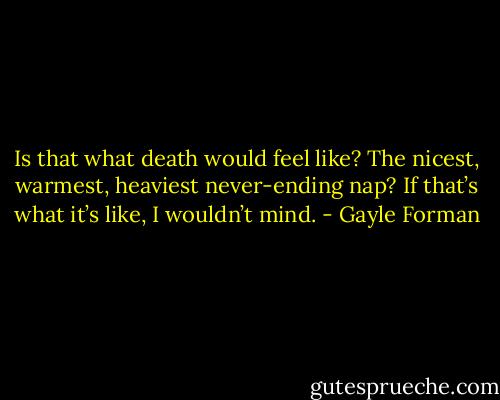Is that what death would feel like? The nicest, warmest, heaviest never-ending nap? If that’s what it’s like, I wouldn’t mind. - Gayle Forman
