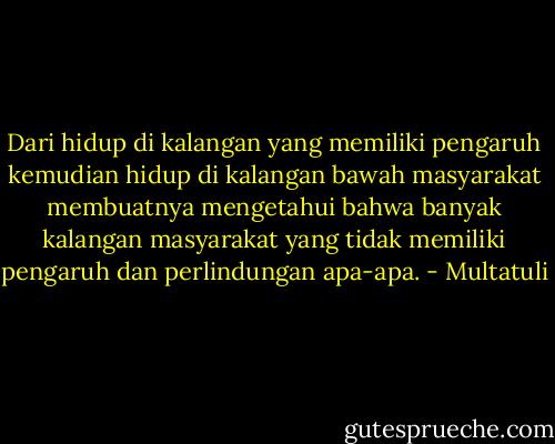 Dari hidup di kalangan yang memiliki pengaruh kemudian hidup di kalangan bawah masyarakat membuatnya mengetahui bahwa banyak kalangan masyarakat yang tidak memiliki pengaruh dan perlindungan apa-apa. - Multatuli