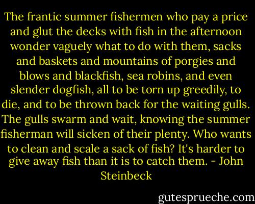 The frantic summer fishermen who pay a price and glut the decks with fish in the afternoon wonder vaguely what to do with them, sacks and baskets and mountains of porgies and blows and blackfish, sea robins, and even slender dogfish, all to be torn up greedily, to die, and to be thrown back for the waiting gulls. The gulls swarm and wait, knowing the summer fisherman will sicken of their plenty. Who wants to clean and scale a sack of fish? It's harder to give away fish than it is to catch them. - John Steinbeck