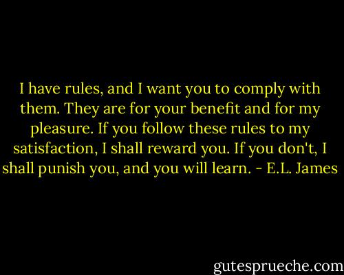 I have rules, and I want you to comply with them. They are for your benefit and for my pleasure. If you follow these rules to my satisfaction, I shall reward you. If you don't, I shall punish you, and you will learn. - E.L. James