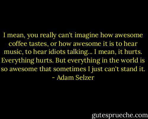 I mean, you really can't imagine how awesome coffee tastes, or how awesome it is to hear music, to hear idiots talking... I mean, it hurts. Everything hurts. But everything in the world is so awesome that sometimes I just can't stand it. - Adam Selzer