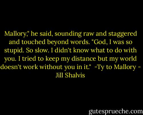 Mallory," he said, sounding raw and staggered and touched beyond words. "God, I was so stupid. So slow. I didn't know what to do with you. I tried to keep my distance but my world doesn't work without you in it."<br /><br />-Ty to Mallory - Jill Shalvis