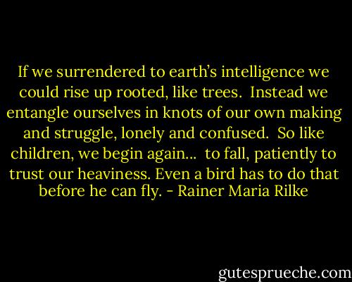 If we surrendered<br />to earth’s intelligence<br />we could rise up rooted, like trees.<br /><br />Instead we entangle ourselves<br />in knots of our own making<br />and struggle, lonely and confused.<br /><br />So like children, we begin again...<br /><br />to fall,<br />patiently to trust our heaviness.<br />Even a bird has to do that<br />before he can fly. - Rainer Maria Rilke