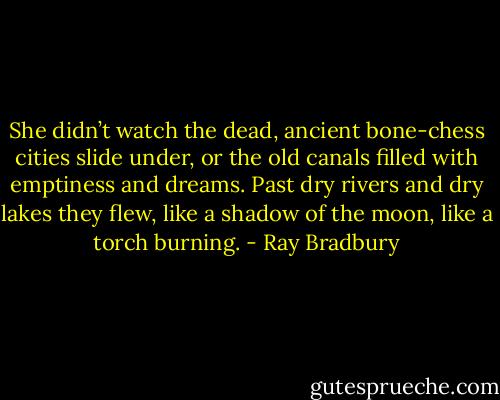 She didn’t watch the dead, ancient bone-chess cities slide under, or the old canals filled with emptiness and dreams. Past dry rivers and dry lakes they flew, like a shadow of the moon, like a torch burning. - Ray Bradbury
