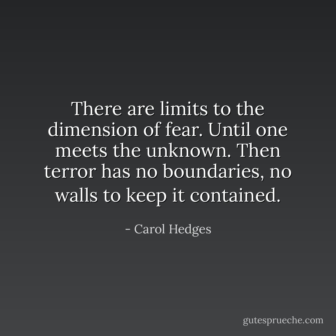 There are limits to the dimension of fear. Until one meets the unknown. Then terror has no boundaries, no walls to keep it contained. - Carol Hedges