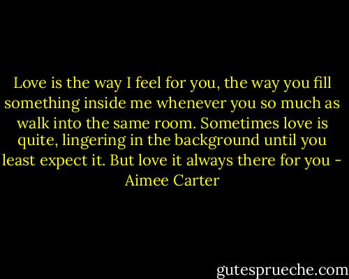 Love is the way I feel for you, the way you fill something inside me whenever you so much as walk into the same room. Sometimes love is quite, lingering in the background until you least expect it. But love it always there for you - Aimee Carter