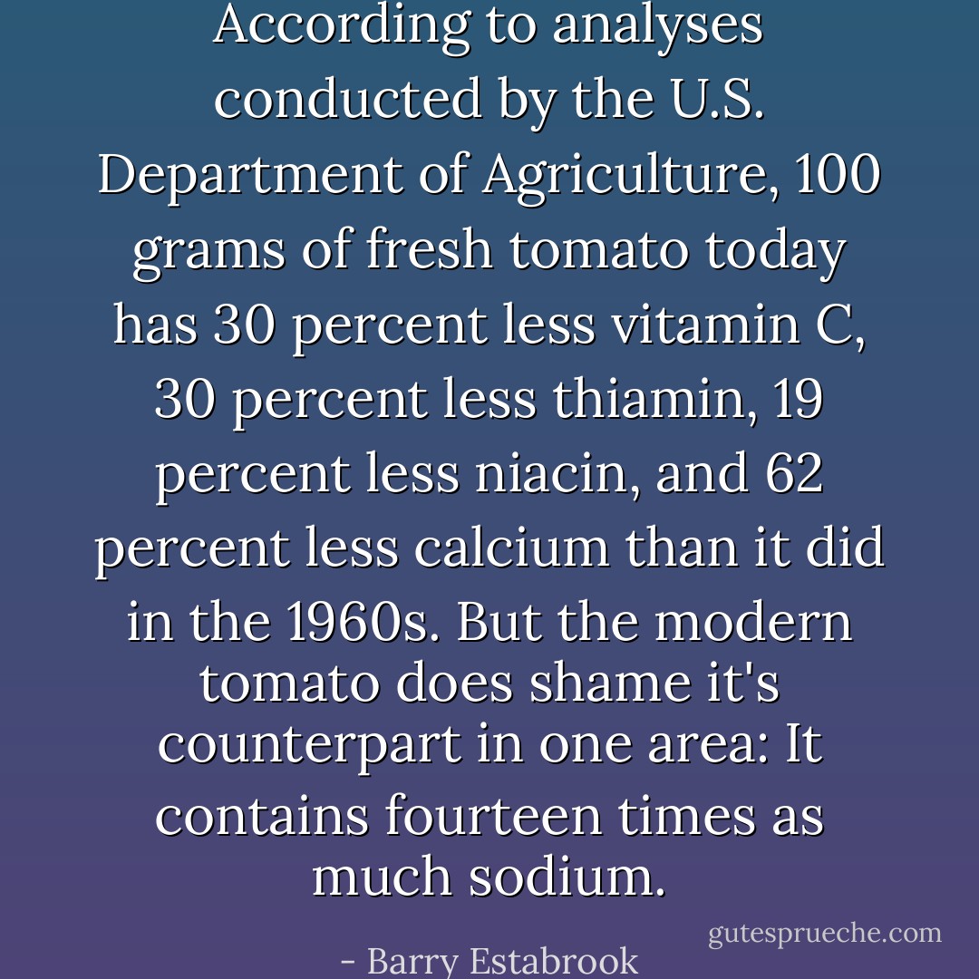 According to analyses conducted by the U.S. Department of Agriculture, 100 grams of fresh tomato today has 30 percent less vitamin C, 30 percent less thiamin, 19 percent less niacin, and 62 percent less calcium than it did in the 1960s. But the modern tomato does shame it's counterpart in one area: It contains fourteen times as much sodium. - Barry Estabrook