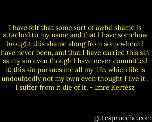 I have felt that some sort of awful shame is attached to my name and that I have somehow brought this shame along from somewhere I have never been, and that I have carried this sin as my sin even though I have never committed it; this sin pursues me all my life, which life is undoubtedly not my own even thought I live it , I suffer from it die of it. - Imre Kertész