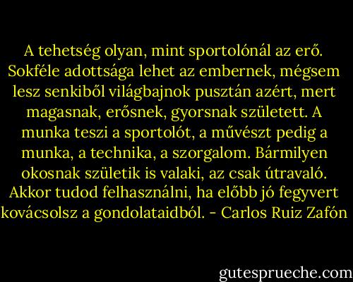 A tehetség olyan, mint sportolónál az erő. Sokféle adottsága lehet az embernek, mégsem lesz senkiből világbajnok pusztán azért, mert magasnak, erősnek, gyorsnak született. A munka teszi a sportolót, a művészt pedig a munka, a technika, a szorgalom. Bármilyen okosnak születik is valaki, az csak útravaló. Akkor tudod felhasználni, ha előbb jó fegyvert kovácsolsz a gondolataidból. - Carlos Ruiz Zafón