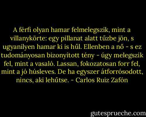 A férfi olyan hamar felmelegszik, mint a villanykörte: egy pillanat alatt tűzbe jön, s ugyanilyen hamar ki is hűl. Ellenben a nő - s ez tudományosan bizonyított tény - úgy melegszik fel, mint a vasaló. Lassan, fokozatosan forr fel, mint a jó húsleves. De ha egyszer átforrósodott, nincs, aki lehűtse. - Carlos Ruiz Zafón