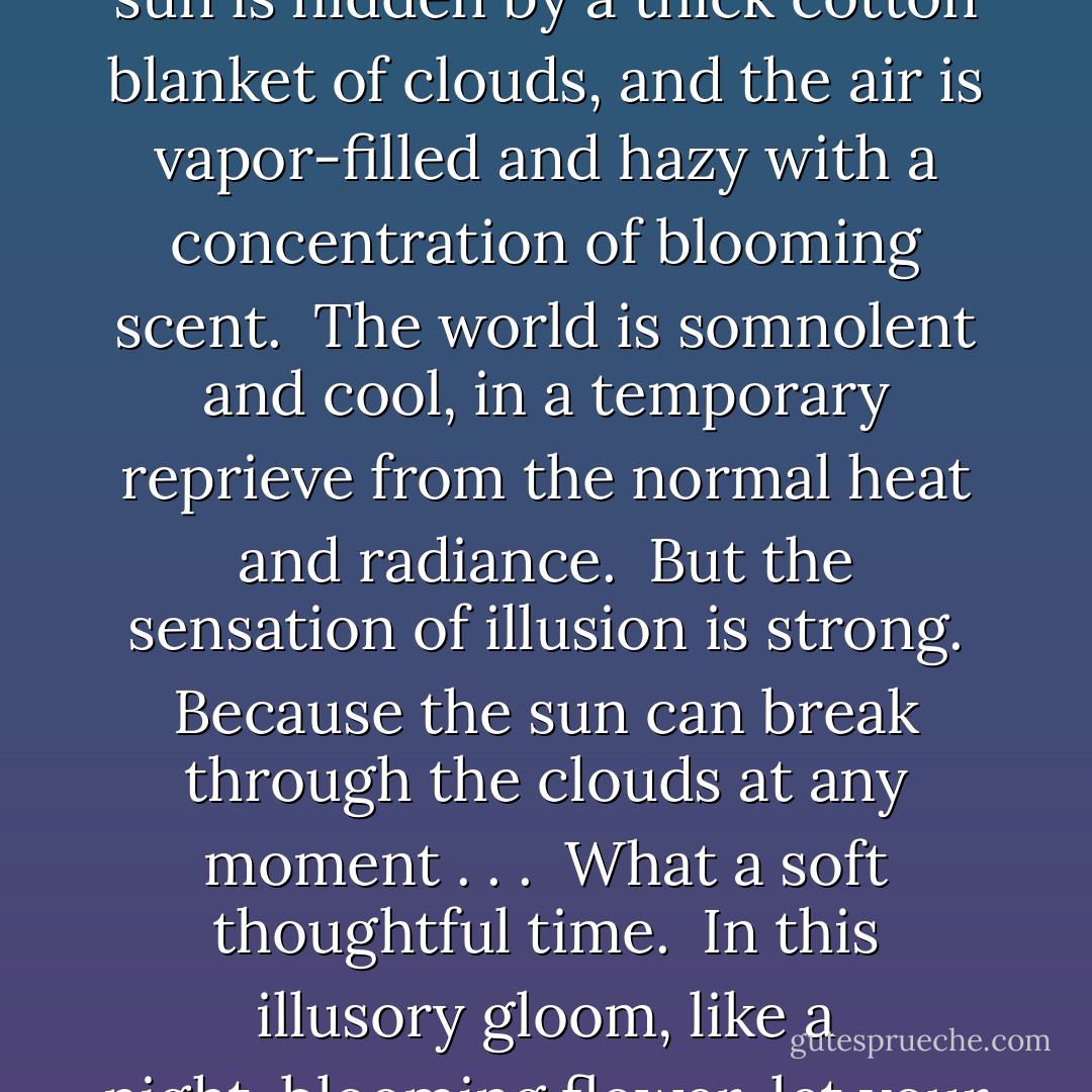 What a strange thing it is to wake up to a milk-white overcast June morning! The sun is hidden by a thick cotton blanket of clouds, and the air is vapor-filled and hazy with a concentration of blooming scent.<br /><br />The world is somnolent and cool, in a temporary reprieve from the normal heat and radiance.<br /><br />But the sensation of illusion is strong. Because the sun can break through the clouds at any moment . . .<br /><br />What a soft thoughtful time.<br /><br />In this illusory gloom, like a night-blooming flower, let your imagination bloom in a riot of color. - Vera Nazarian