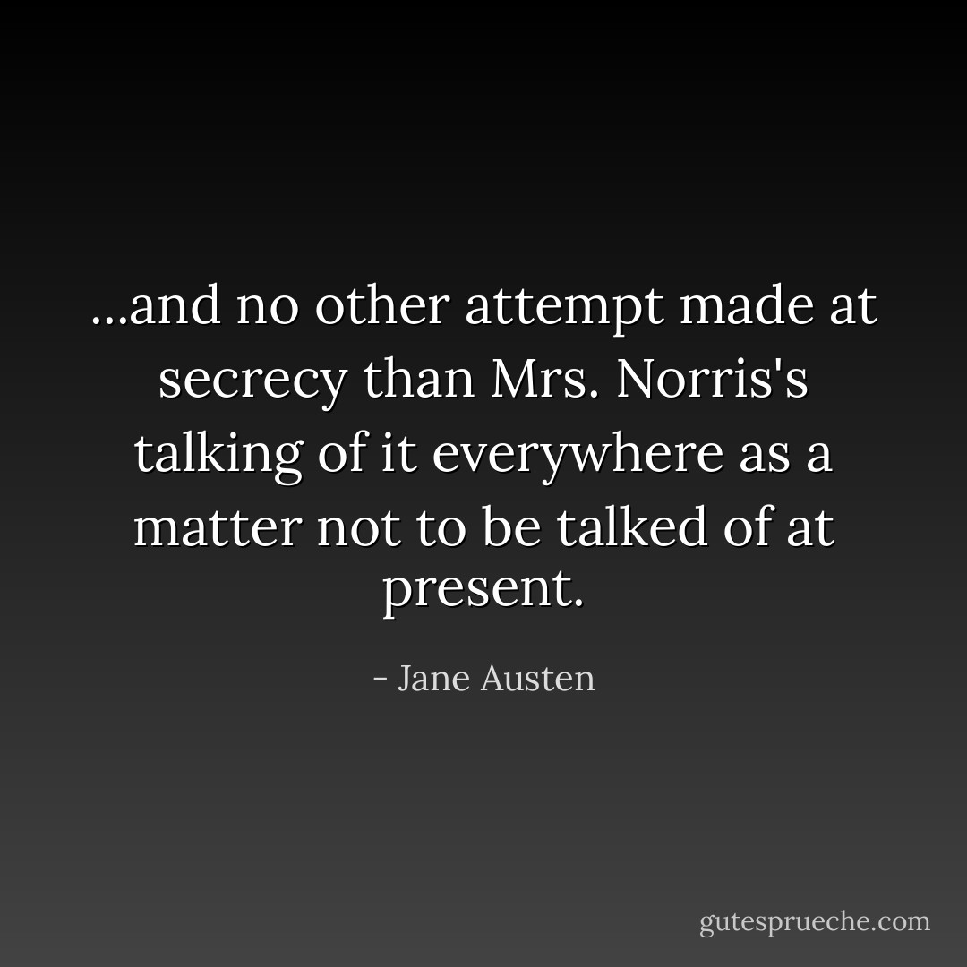 ...and no other attempt made at secrecy than Mrs. Norris's talking of it everywhere as a matter not to be talked of at present. - Jane Austen