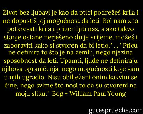 Život bez ljubavi je kao da ptici podrežeš krila i ne dopustiš joj mogućnost da leti. Bol nam zna potkresati krila i prizemljiti nas, a ako takvo stanje ostane nerješeno dulje vrijeme, možeš i zaboraviti kako si stvoren da bi letio.''<br />...<br />''Pticu ne definira to što je na zemlji, nego njezina sposobnost da leti. Upamti, ljude ne definiraju njihova ograničenja, nego mogućnosti koje sam u njih ugradio. Nisu obilježeni onim kakvim se čine, nego svime što nosi to da su stvoreni na moju sliku.''<br /><br />Bog - William Paul Young