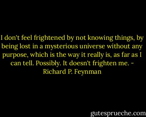 I don't feel frightened by not knowing things, by being lost in a mysterious universe without any purpose, which is the way it really is, as far as I can tell. Possibly. It doesn't frighten me. - Richard P. Feynman
