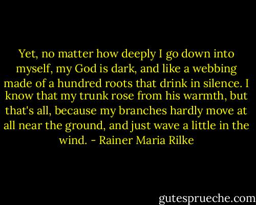 Yet, no matter how deeply I go down into myself, my God is dark, and like a webbing made of a hundred roots that drink in silence. I know that my trunk rose from his warmth, but that's all, because my branches hardly move at all near the ground, and just wave a little in the wind. - Rainer Maria Rilke