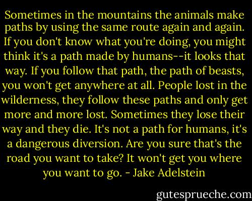 Sometimes in the mountains the animals make paths by using the same route again and again. If you don't know what you're doing, you might think it's a path made by humans--it looks that way. If you follow that path, the path of beasts, you won't get anywhere at all. People lost in the wilderness, they follow these paths and only get more and more lost. Sometimes they lose their way and they die. It's not a path for humans, it's a dangerous diversion. Are you sure that's the road you want to take? It won't get you where you want to go. - Jake Adelstein