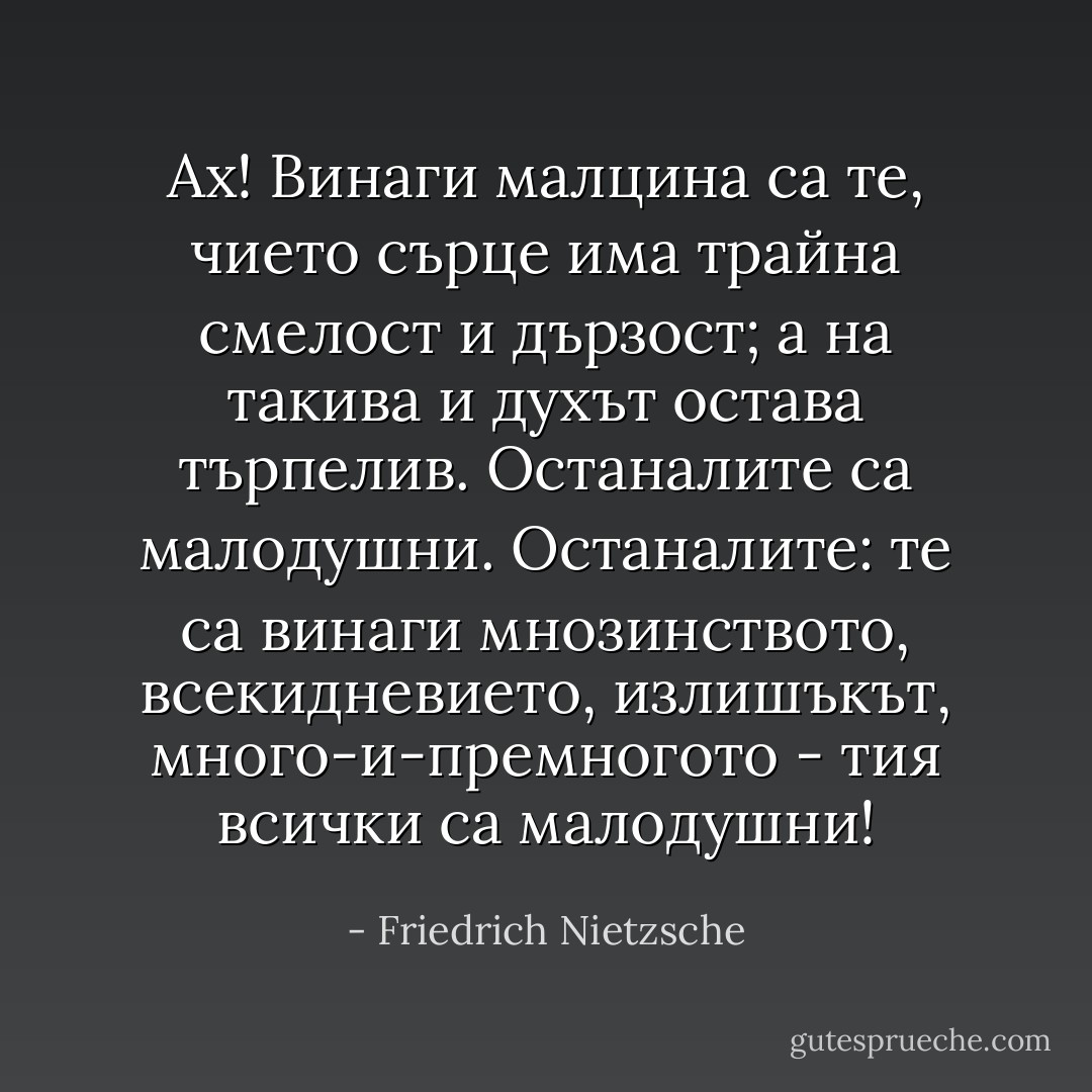 Ах! Винаги малцина са те, чието сърце има трайна смелост и дързост; а на такива и духът остава търпелив. Останалите са малодушни. Останалите: те са винаги мнозинството, всекидневието, излишъкът, много-и-премногото - тия всички са малодушни! - Friedrich Nietzsche