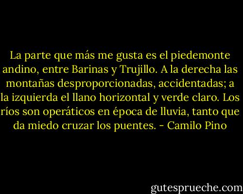 La parte que más me gusta es el piedemonte andino, entre Barinas y Trujillo. A la derecha las montañas desproporcionadas, accidentadas; a la izquierda el llano horizontal y verde claro. Los ríos son operáticos en época de lluvia, tanto que da miedo cruzar los puentes. - Camilo Pino
