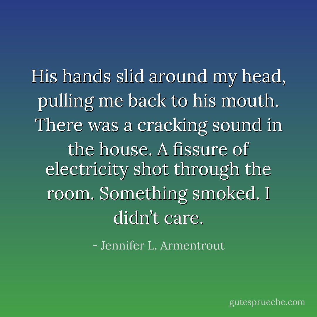 His hands slid around my head, pulling me back to his mouth. There was a cracking sound in the house. A fissure of electricity shot through the room. Something smoked. I didn’t care. - Jennifer L. Armentrout