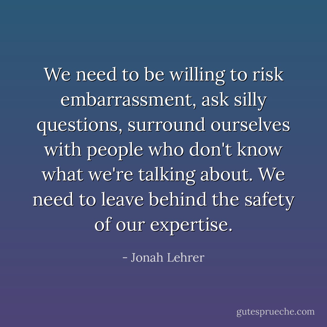 We need to be willing to risk embarrassment, ask silly questions, surround ourselves with people who don't know what we're talking about. We need to leave behind the safety of our expertise. - Jonah Lehrer