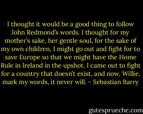 I thought it would be a good thing to follow John Redmond’s words. I thought for my mother’s sake, her gentle soul, for the sake of my own children, I might go out and fight for to save Europe so that we might have the Home Rule in Ireland in the upshot. I came out to fight for a country that doesn’t exist, and now, Willie, mark my words, it never will. - Sebastian Barry