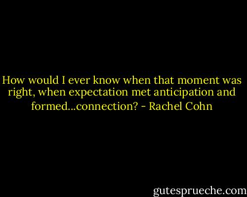 How would I ever know when that moment was right, when expectation met anticipation and formed...connection? - Rachel Cohn
