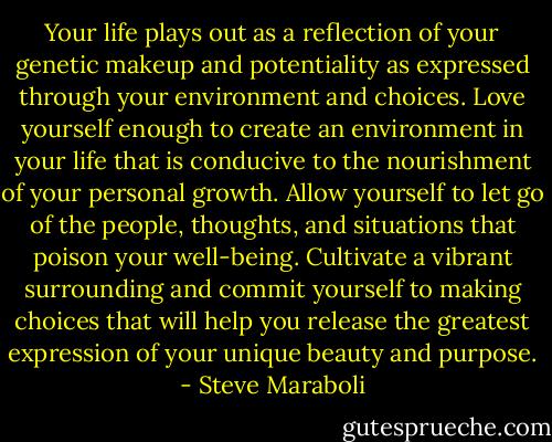 Your life plays out as a reflection of your genetic makeup and potentiality as expressed through your environment and choices. Love yourself enough to create an environment in your life that is conducive to the nourishment of your personal growth. Allow yourself to let go of the people, thoughts, and situations that poison your well-being. Cultivate a vibrant surrounding and commit yourself to making choices that will help you release the greatest expression of your unique beauty and purpose. - Steve Maraboli