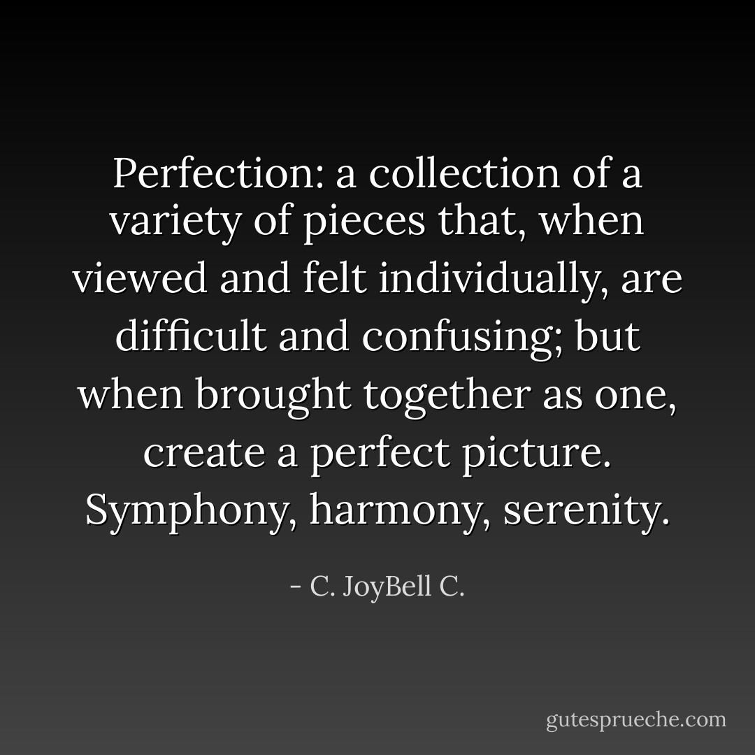 Perfection: a collection of a variety of pieces that, when viewed and felt individually, are difficult and confusing; but when brought together as one, create a perfect picture. Symphony, harmony, serenity. - C. JoyBell C.
