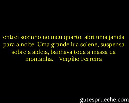 entrei sozinho no meu quarto, abri uma janela para a noite. Uma grande lua solene, suspensa sobre a aldeia, banhava toda a massa da montanha. - Vergílio Ferreira