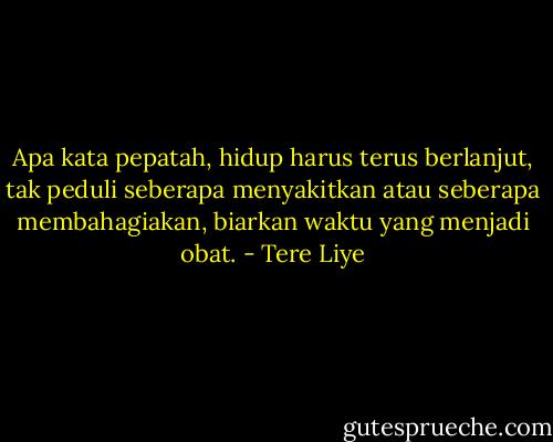 Apa kata pepatah, hidup harus terus berlanjut, tak peduli seberapa menyakitkan atau seberapa membahagiakan, biarkan waktu yang menjadi obat. - Tere Liye