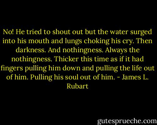 No! He tried to shout out but the water surged into his mouth and lungs choking his cry. Then darkness. And nothingness. Always the nothingness. Thicker this time as if it had fingers pulling him down and pulling the life out of him. Pulling his soul out of him. - James L. Rubart