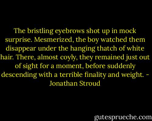 The bristling eyebrows shot up in mock surprise. Mesmerized, the boy watched them disappear under the hanging thatch of white hair. There, almost coyly, they remained just out of sight for a moment, before suddenly descending with a terrible finality and weight. - Jonathan Stroud