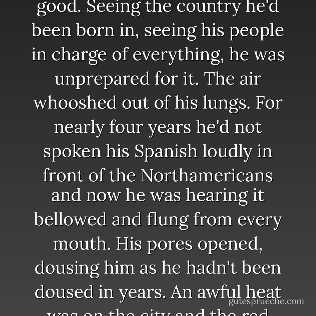 on the plane he had been confident. He'd talked to the vieja near the aisle, telling her how excited he was. It is always good to return home, she said tremulously. I come back anytime I can, which isn't so much anymore. Things aren't good. Seeing the country he'd been born in, seeing his people in charge of everything, he was unprepared for it. The air whooshed out of his lungs. For nearly four years he'd not spoken his Spanish loudly in front of the Northamericans and now he was hearing it bellowed and flung from every mouth. His pores opened, dousing him as he hadn't been doused in years. An awful heat was on the city and the red dust dried out his throat and clogged his nose. The poverty- the unwashed children pointing sullenly at his new shoes, the familias slouching in hovels- was familiar and stifling. - Junot Díaz