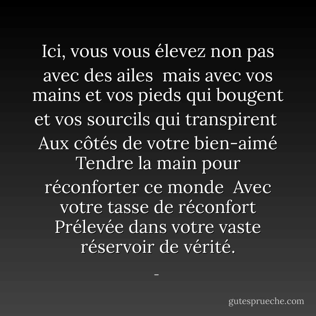 Ici, vous vous élevez<br />non pas avec des ailes<br /><br />mais avec vos mains et vos pieds qui bougent<br />et vos sourcils qui transpirent<br /><br />Aux côtés de votre bien-aimé<br />Tendre la main pour réconforter ce monde<br /><br />Avec votre tasse de réconfort<br />Prélevée dans votre vaste réservoir de vérité. - 