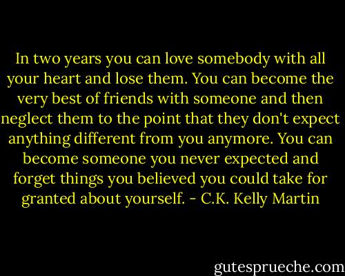 In two years you can love somebody with all your heart and lose them. You can become the very best of friends with someone and then neglect them to the point that they don't expect anything different from you anymore. You can become someone you never expected and forget things you believed you could take for granted about yourself. - C.K. Kelly Martin