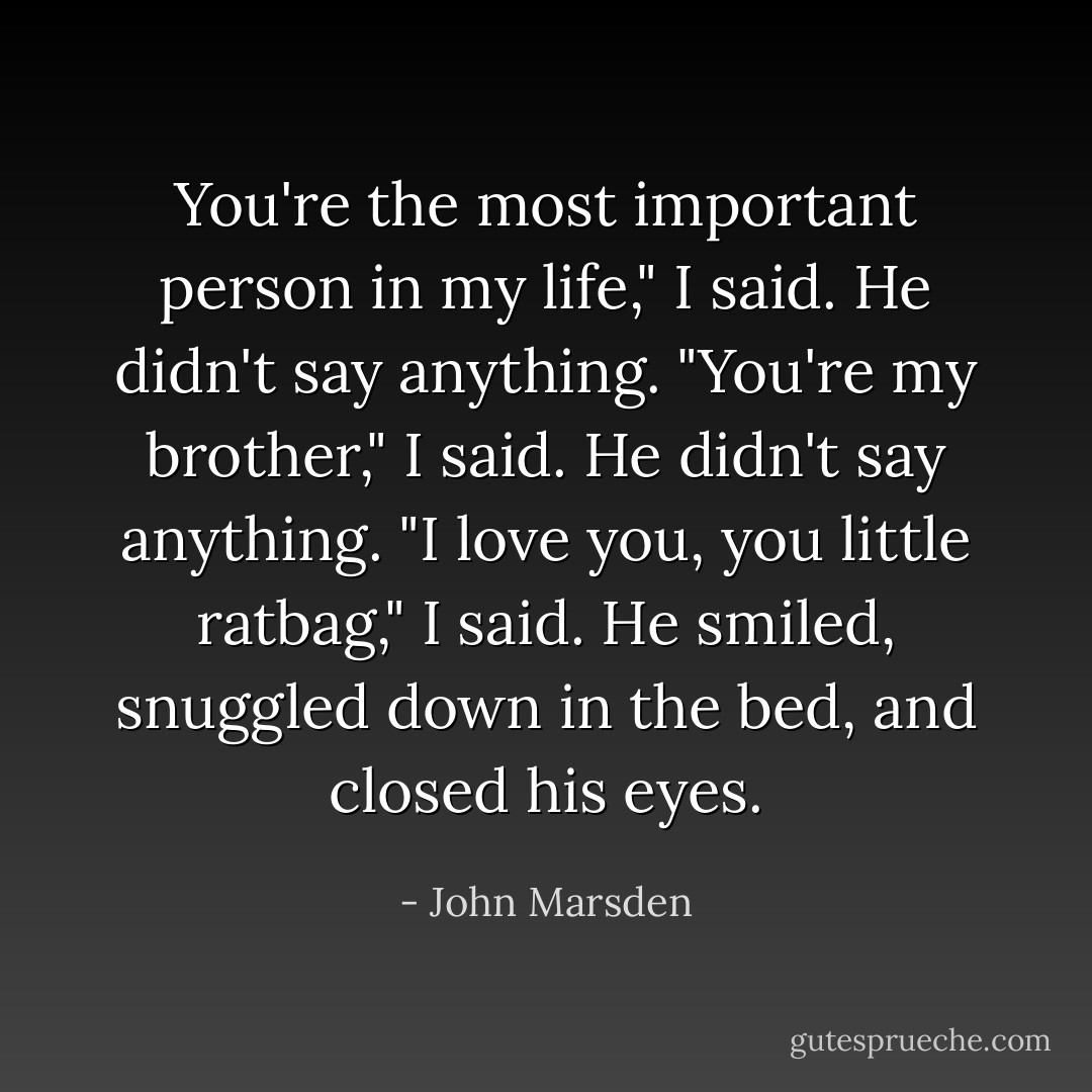 You're the most important person in my life," I said.<br />He didn't say anything.<br />"You're my brother," I said.<br />He didn't say anything.<br />"I love you, you little ratbag," I said.<br />He smiled, snuggled down in the bed, and closed his eyes. - John Marsden