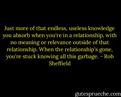 Just more of that endless, useless knowledge you absorb when you're in a relationship, with no meaning or relevance outside of that relationship. When the relationship's gone, you're stuck knowing all this garbage. - Rob Sheffield