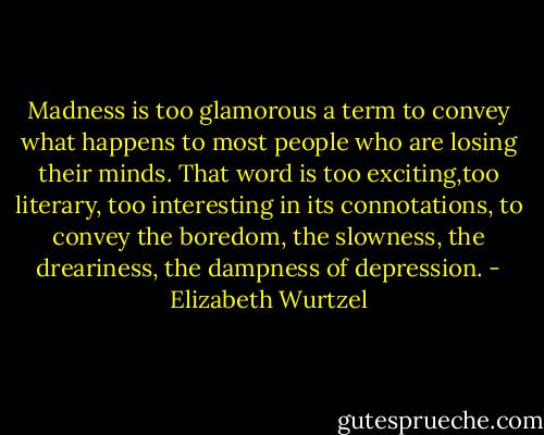 Madness is too glamorous a term to convey what happens to most people who are losing their minds. That word is too exciting,too literary, too interesting in its connotations, to convey the boredom, the slowness, the dreariness, the dampness of depression. - Elizabeth Wurtzel