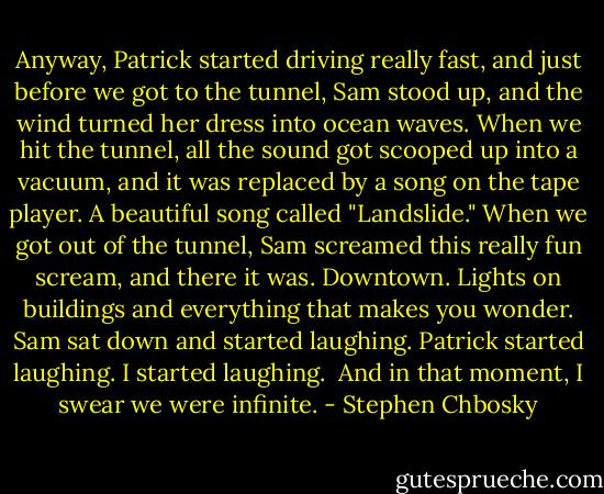 Anyway, Patrick started driving really fast, and just before we got to the tunnel, Sam stood up, and the wind turned her dress into ocean waves. When we hit the tunnel, all the sound got scooped up into a vacuum, and it was replaced by a song on the tape player. A beautiful song called "Landslide." When we got out of the tunnel, Sam screamed this really fun scream, and there it was. Downtown. Lights on buildings and everything that makes you wonder. Sam sat down and started laughing. Patrick started laughing. I started laughing. <br />And in that moment, I swear we were infinite. - Stephen Chbosky