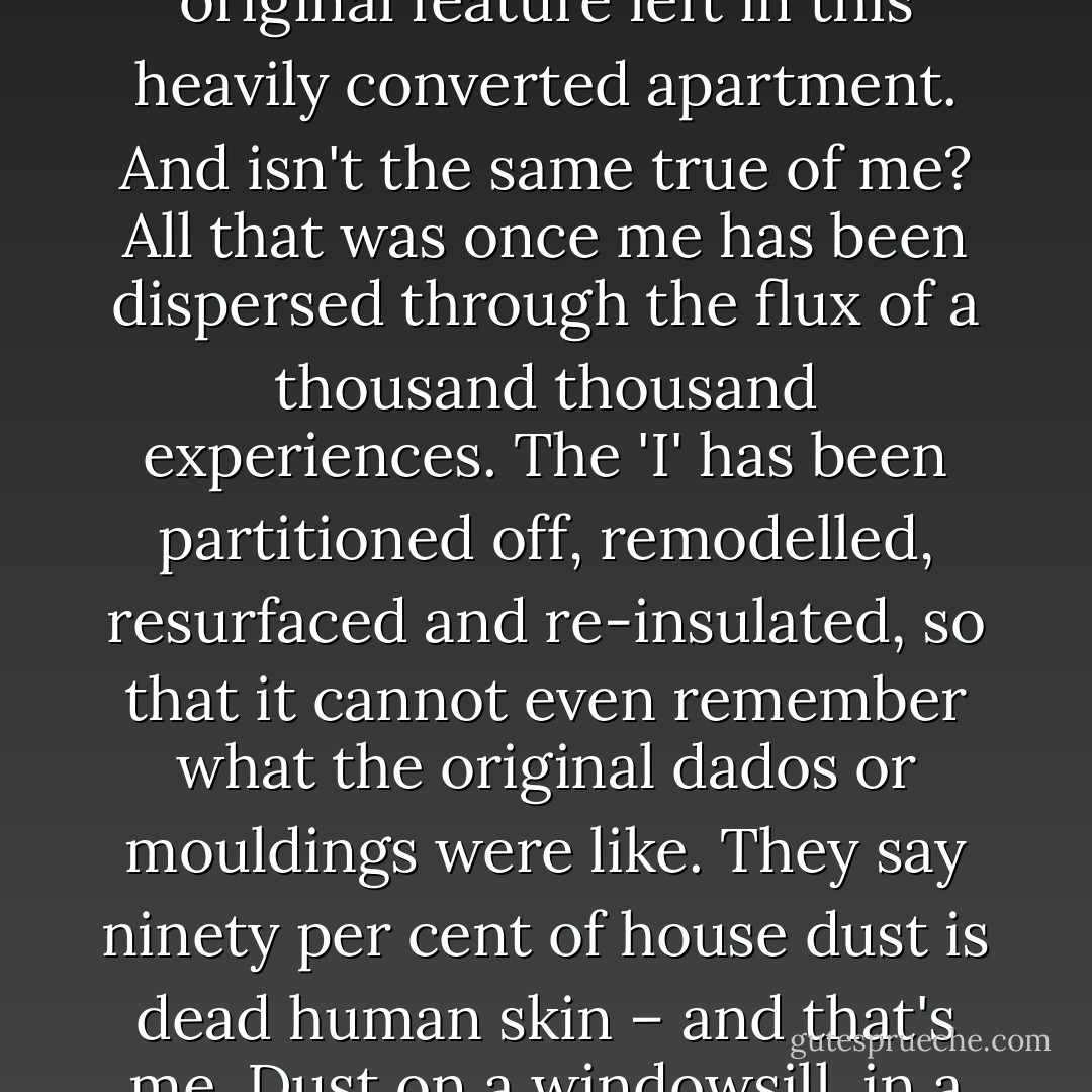 And she withdraws through the double, ceiling-high doors, which are really the only original feature left in this heavily converted apartment. And isn't the same true of me? All that was once me has been dispersed through the flux of a thousand thousand experiences. The 'I' has been partitioned off, remodelled, resurfaced and re-insulated, so that it cannot even remember what the original dados or mouldings were like. They say ninety per cent of house dust is dead human skin – and that's me. Dust on a windowsill, in a converted apartment, in a foreign city. - Will Self