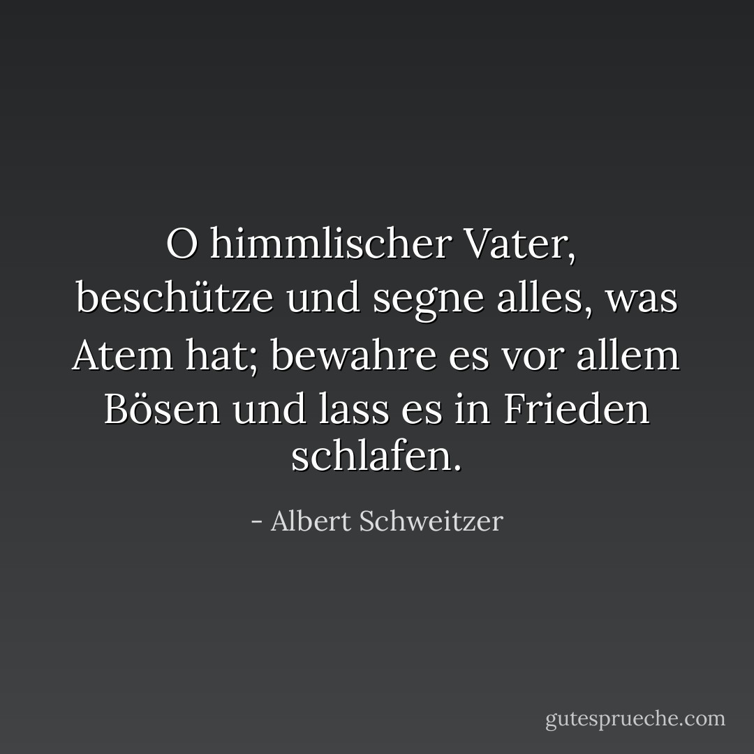 O himmlischer Vater, <br />beschütze und segne alles,<br />was Atem hat; bewahre es<br />vor allem Bösen und lass es in Frieden schlafen. - Albert Schweitzer<
