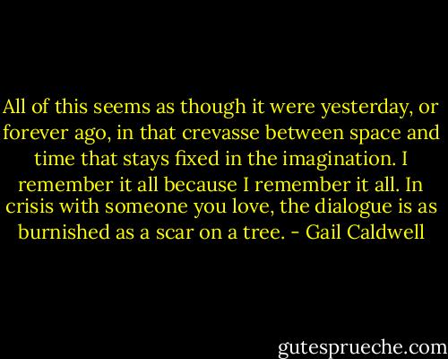 All of this seems as though it were yesterday, or forever ago, in that crevasse between space and time that stays fixed in the imagination. I remember it all because I remember it all. In crisis with someone you love, the dialogue is as burnished as a scar on a tree. - Gail Caldwell